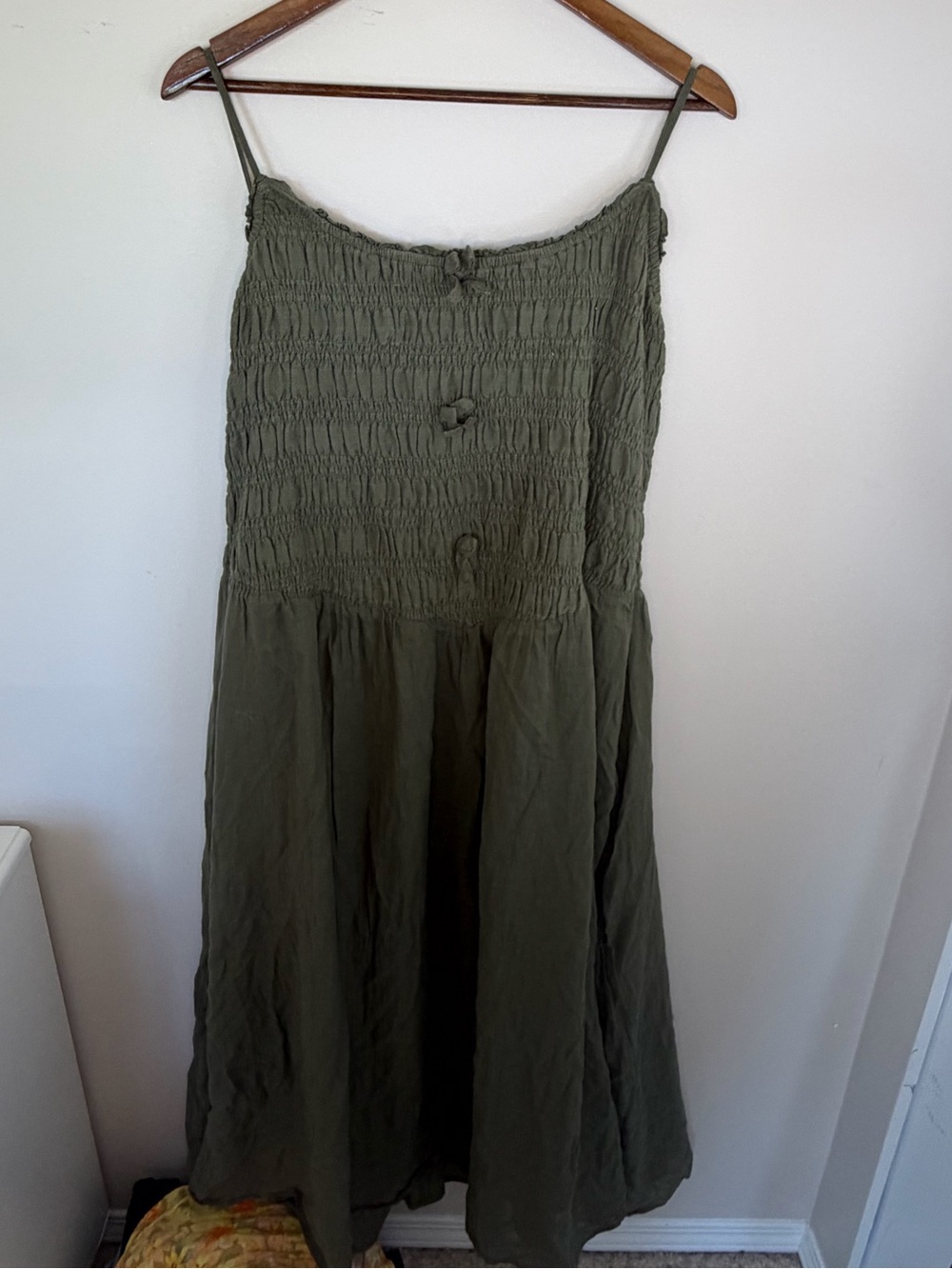American Eagle Outfitters Olive Green Smocked Spaghetti Strap Dress